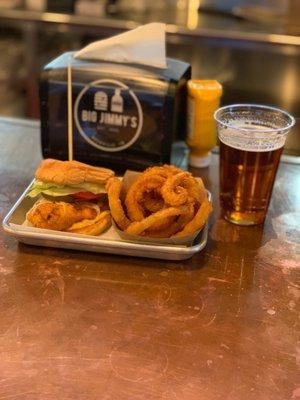 Spicy Chicken sandwich with onion rings (and a yungling)