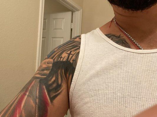 Chris created hair for what was on my chest going down arm. I didn't  like what he did so asked to make a cover. SMH. Fail