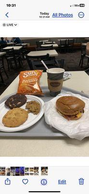 Cafeteria: Bacon, Egg, and Cheese Sandwich on Brioche Bun. French Vanilla Cappuccino, Sun Chips, and 3 Cookies.