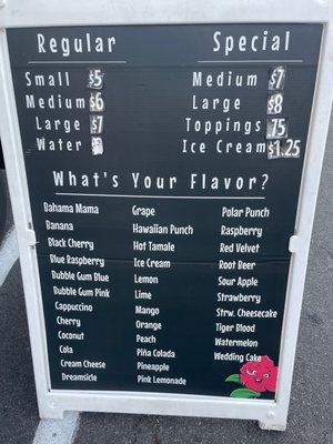 Sign board with flavors, sizes and prices