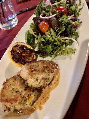 Crab Cakes and the spiciest salad I've ever had. Too hot.