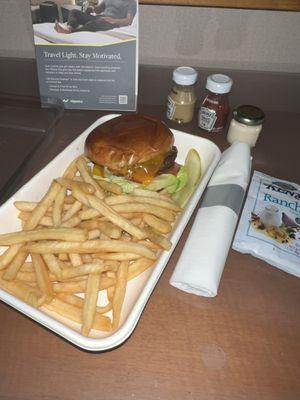 Angus burger with fries to go