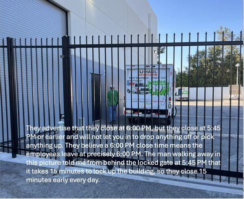 Shows locked gate at 5:45 PM and employee walking away denying customer entry.