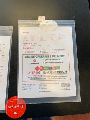 Menu as of Feb 2021