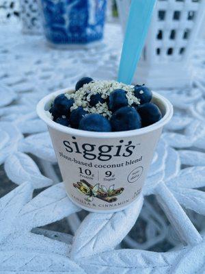 Siggi's vanilla & cinnamon vegan yogurt topped with fresh blueberries & hemp heart seeds - delicious!!!