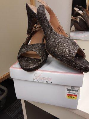 Stunning, sparkly, super comfortable peep-toe heels for only $25. The color is a bronzey taupe.