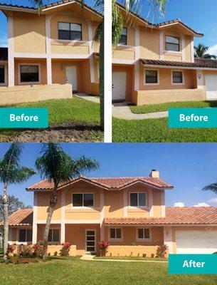 Replaced bronze single hung windows with white horizontal rollers. The front door was updated to a more modern french door style.