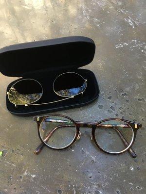 prescription glasses with custom made clip-on sunglasses!