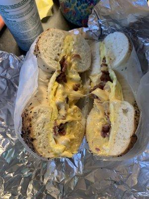 Bacon egg and cheese on a everything bagel