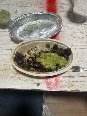 To add insult to injury, burned steak, a less than half portion of rice and a an order of guac for ants.