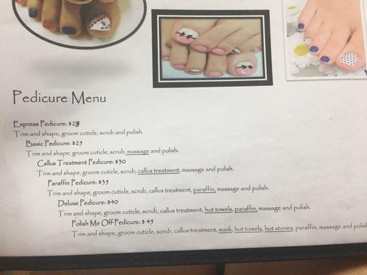 Pedicure Menu of services