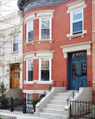 Lime Stone Restoration, Brick Cleaning & Pointing, Preserving Existing Cornice, New Ironwork, Stoop Restoration, Front Yard Bluestone Paving