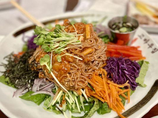 JangBan GukSoo with acorn noodles, assortment of veg, gochujang dressing (spicy sweet vinegary) mix & eat $26.99.     4*