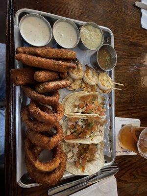 HH 4 item combo tacos/zucchini/onion rings/shrimp skewers