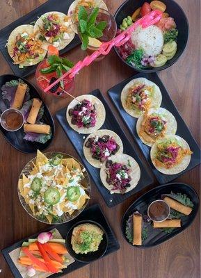 vegan vegetarian tacos, vegetarian lumpia, nachos, hummus, chicken tacos, ahi tuna poke bowl