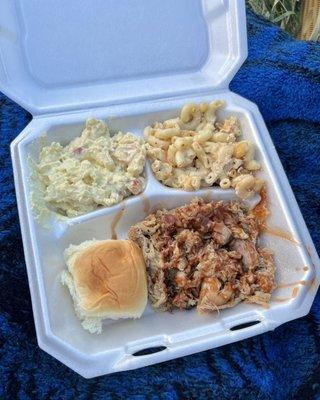 Pulled pork plate with potato salad and mac n cheese