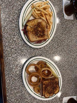 Reuben and tuna melt onion rings and fries