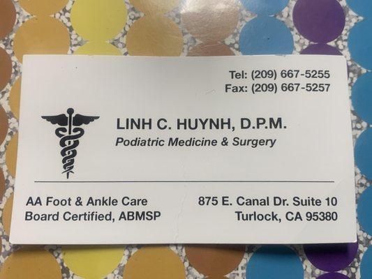 Business card of the doctor as of June 2022; obtained while @ office for toenail maintenance. .