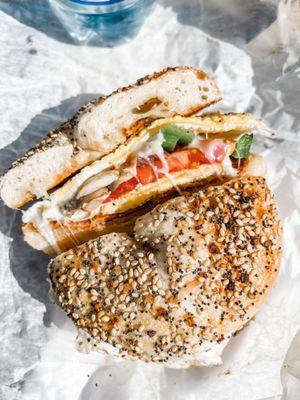 Beach babe breakfast sandwich on everything bagel