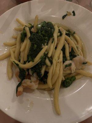 Fusilli Pasta with shrimp. Spinach and broccoli rabe.