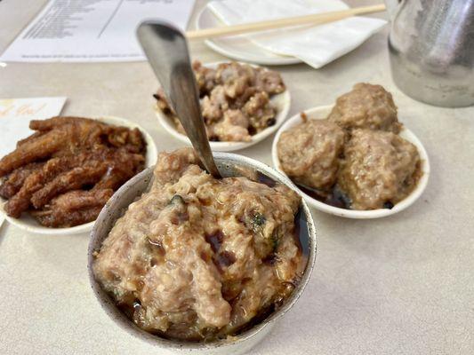 Chicken Feet w/ Black Bean Sauce, Sparerib w/ Black Bean Sauce, Steamed Beef on Rice, Beef Meat Ball