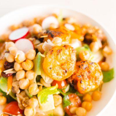 Fresh Rasoi salad with grilled shrimp.