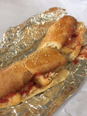 Medium chicken parm sub. Nice bread. Fresh chicken. Just would like a tad more sauce.