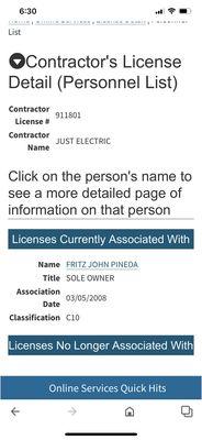 Business license for Just Electric