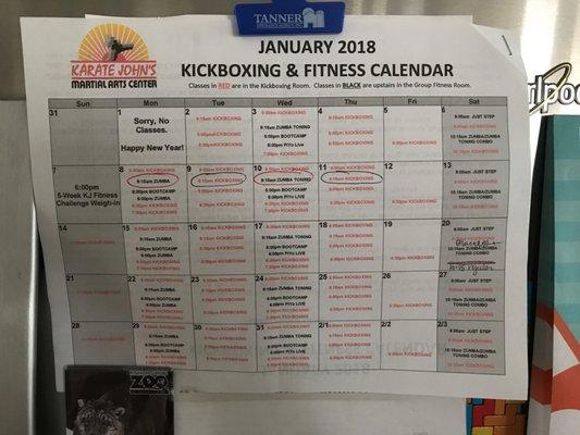 January 2018 class schedule.