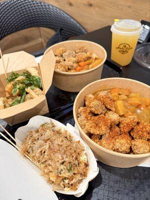 Popcorn Chicken Curry Rice, Takoyaki, Calamari (Squid Rings)