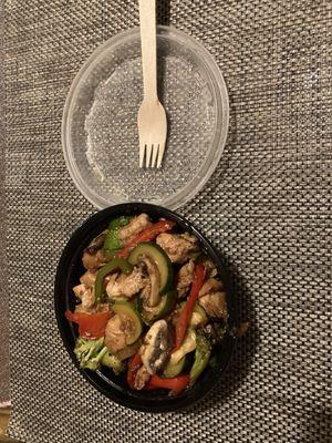 Organic chicken teriyaki with vegetables over quinoa