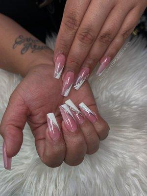 Long Acrylic Nails with Pink and White Powder and Diamonds