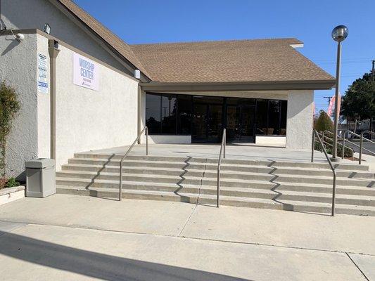 Stairs from parking leading to main doors to enter foyer of the sanctuary