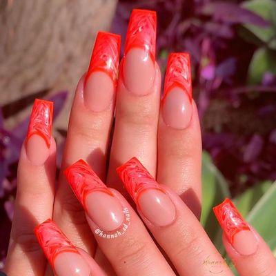 Acrylic set with orange French marble nails