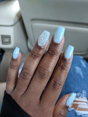 Icy blue coffin-square shape nails. Forgive the blur.