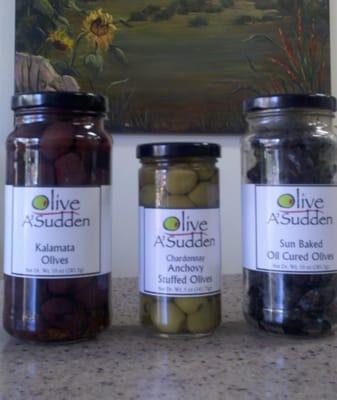 A variety of Olives, tapandes, dipping spices etc..