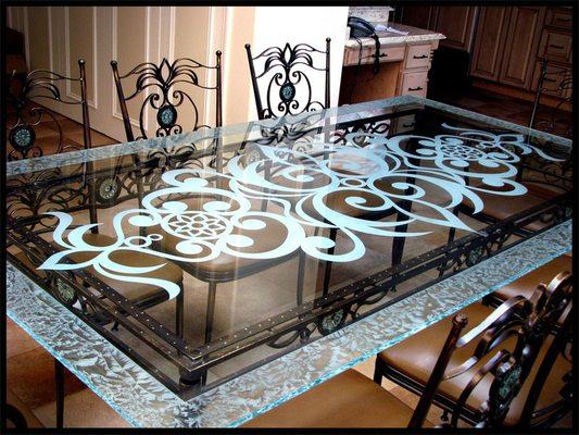 fabrication: glass table top w/ sandblast design - serving Brooklyn, Manhattan, Queens, Bronx, Staten Island, Long Island, New Jersey