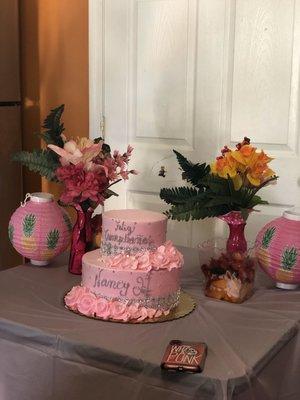 Pink floral sparkly layered cake