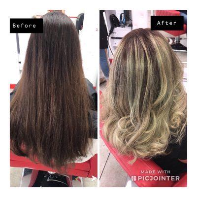 Before and after hair cut, color and highlights