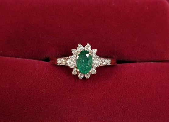 14k Yellow Gold Natural Emerald and Diamond Ring