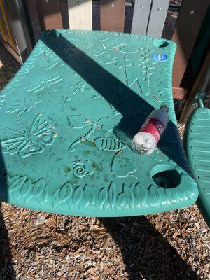 Sticky soda spilt on the picnic table