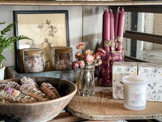 french scented candles, dried sage smudge sticks