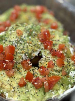 Jalapeño cheese, bagel with cream cheese, avocado, tomatoes, and everything seasoning