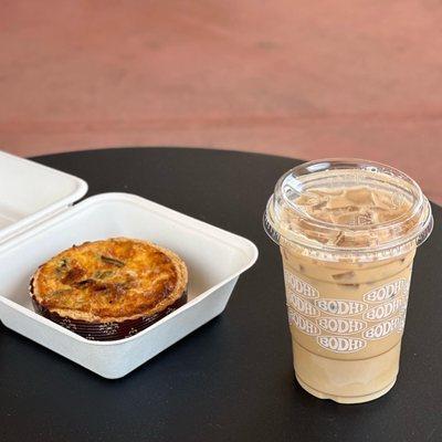 Roasted Veggie Quiche & Iced Latte