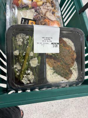 Turkey, meatloaf, asparagus, with blue cheese, and I am hoping that's cauliflower mash