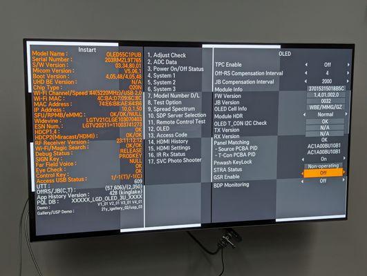 LG OLED service menu - some commercial applications require access to this menu for adjustment.