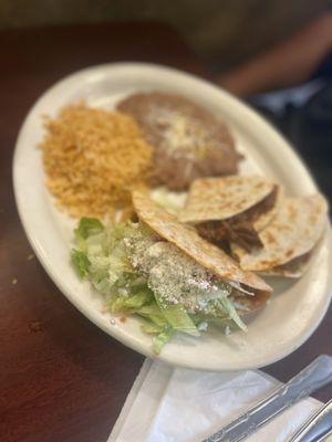 Beef quesadilla and taco plate