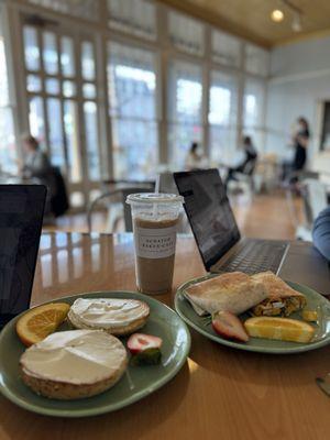 Bagel, Spicy Sausage Wrap, Iced Latte