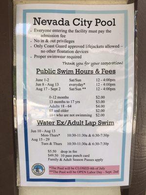 Nevada City Pool hours and schedule