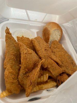 6pc tilapia with fries, a roll and hush puppies